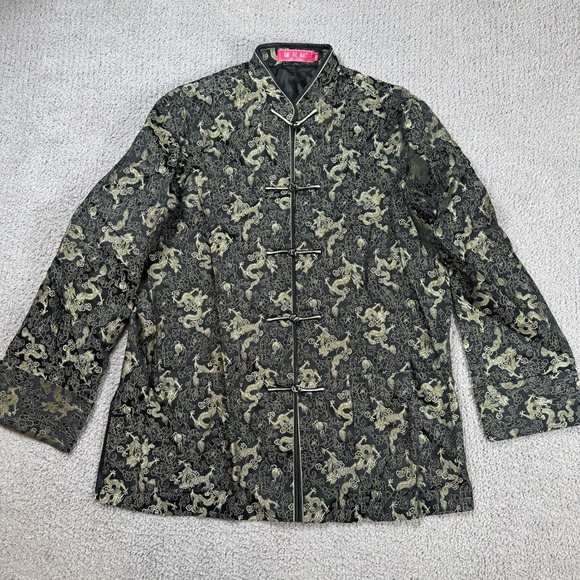 Silk Brocade Dragon Jacket Mandarin Collar Lotus Village Mens Frog Buttons Gold